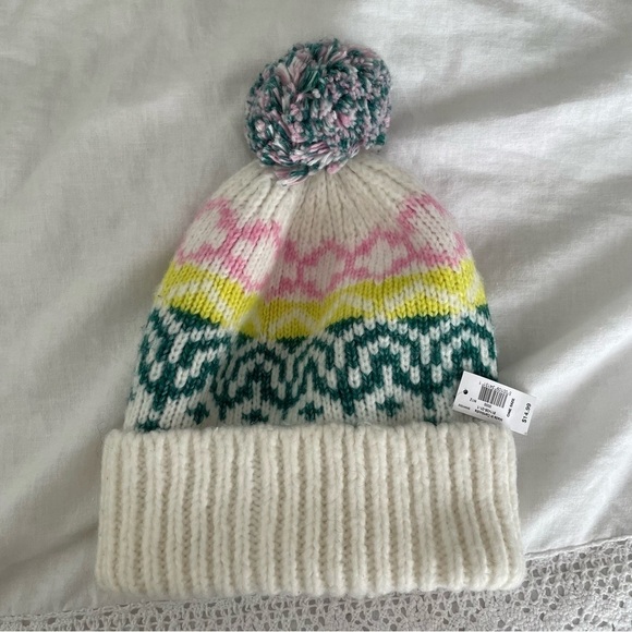 NEW nwt Old Navy Fair Isle Pom Pom Beanie Hat white cream - Picture 2 of 5